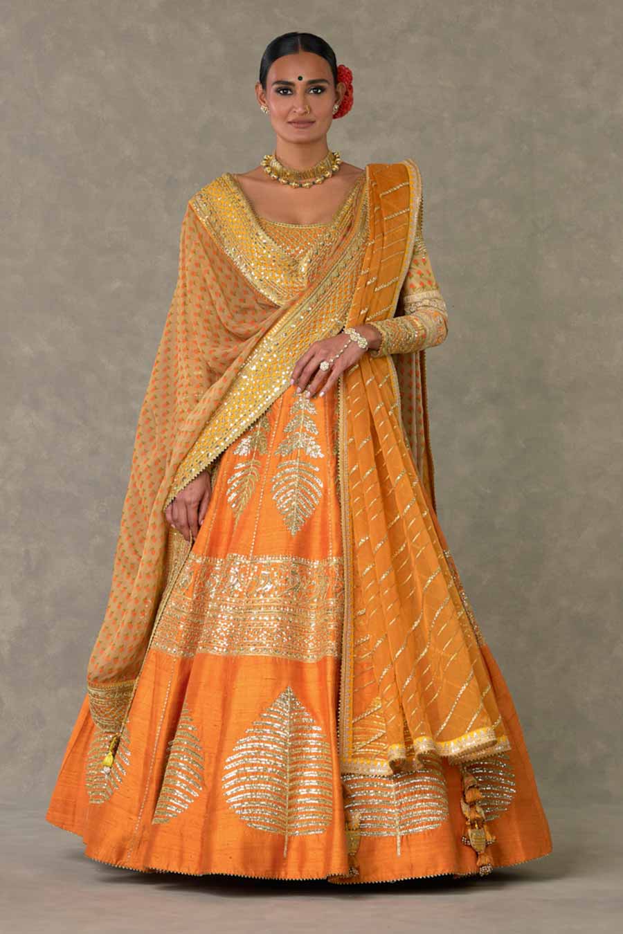 Rust Paan-Patti Embroidered Lehenga Set with Double Dupatta