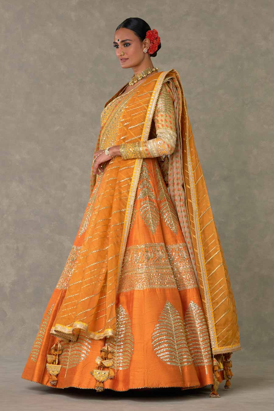 Rust Paan-Patti Embroidered Lehenga Set with Double Dupatta