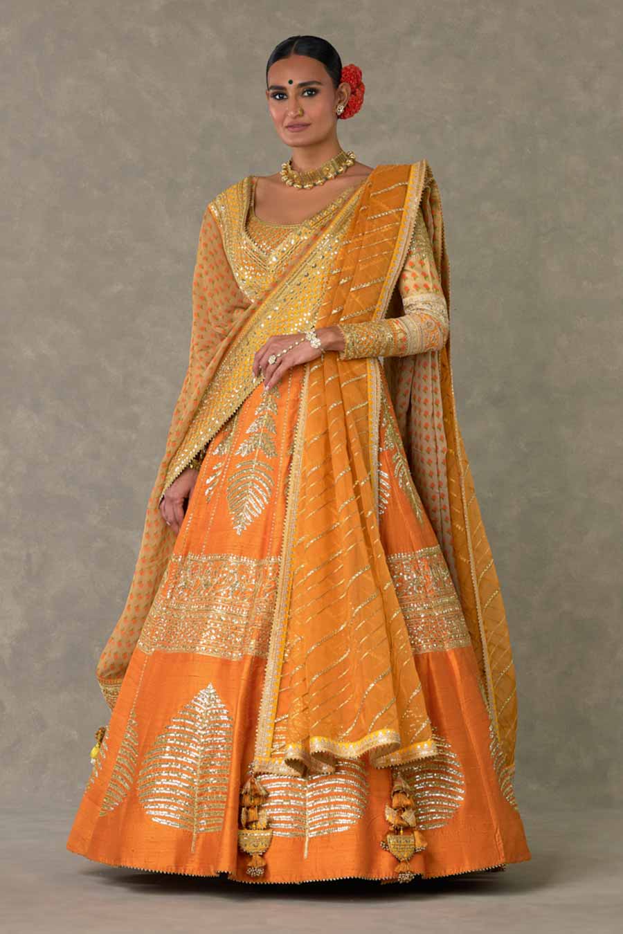 Rust Paan-Patti Embroidered Lehenga Set with Double Dupatta