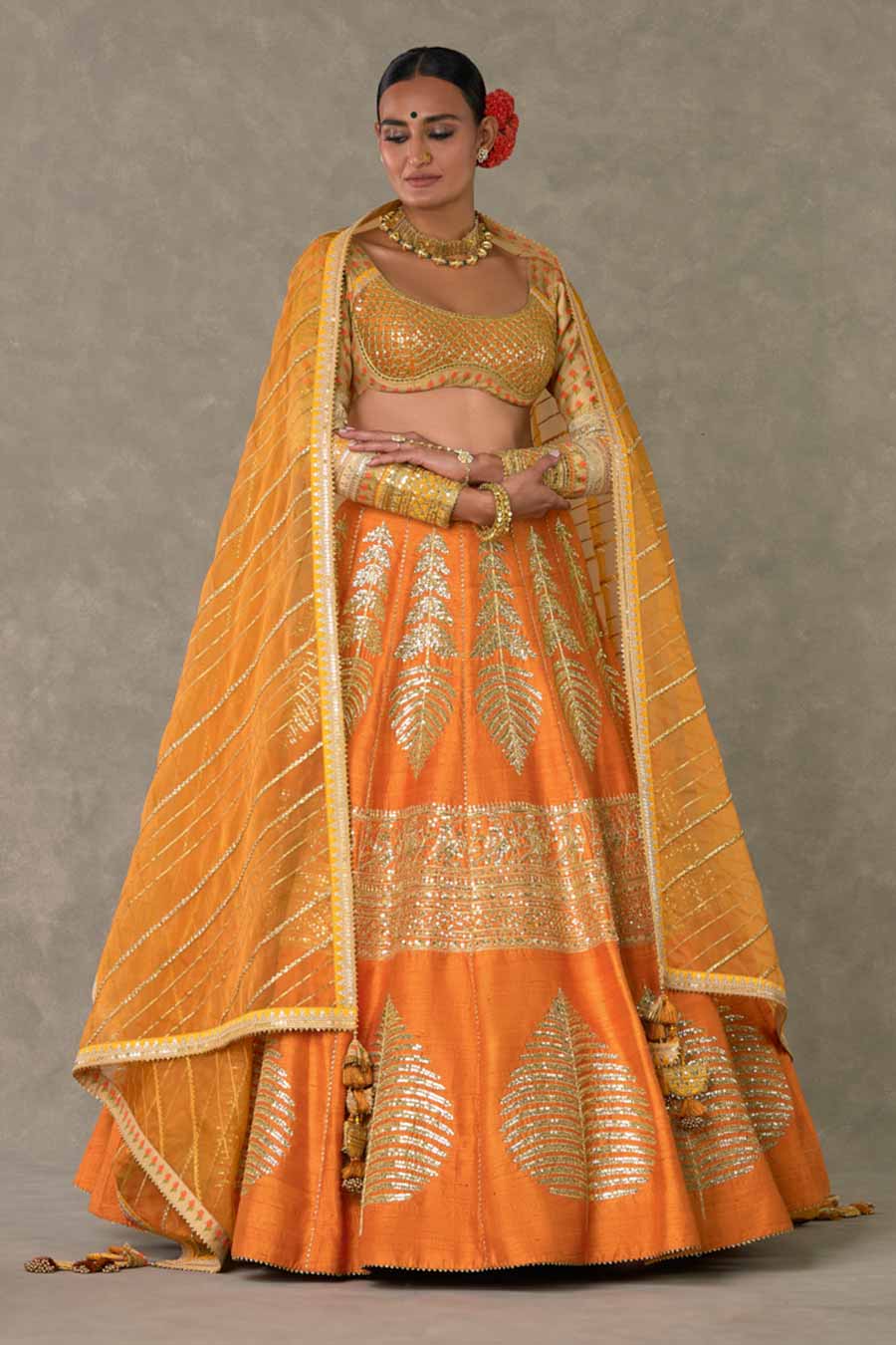 Rust Paan-Patti Embroidered Lehenga Set with Double Dupatta