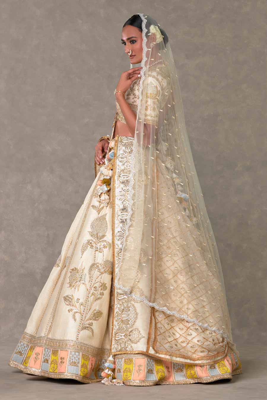 Ivory Anar-Phool Embroidered Lehenga Set with Double Dupatta