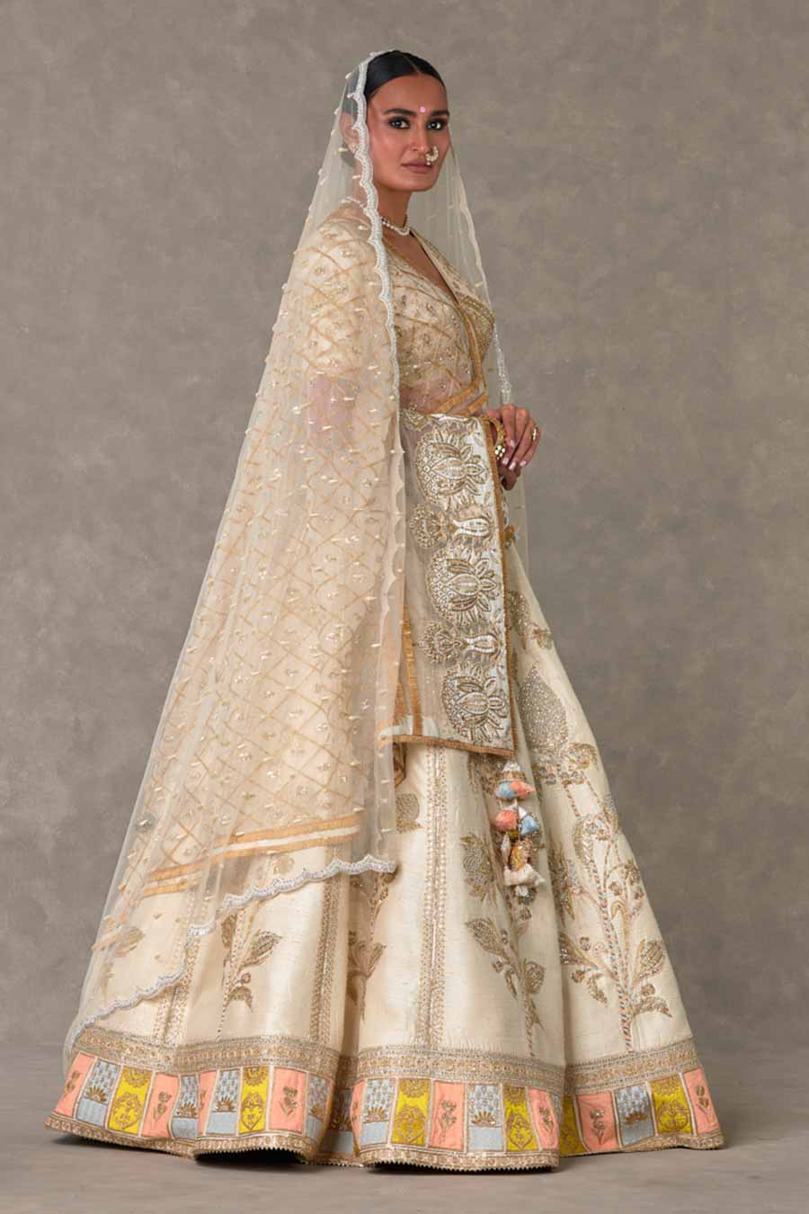 Ivory Anar-Phool Embroidered Lehenga Set with Double Dupatta
