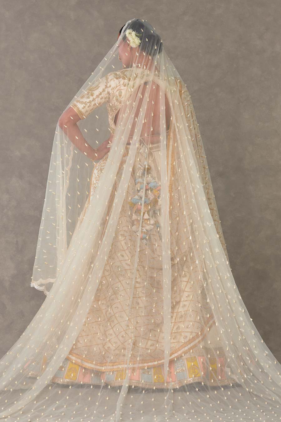 Ivory Anar-Phool Embroidered Lehenga Set with Double Dupatta