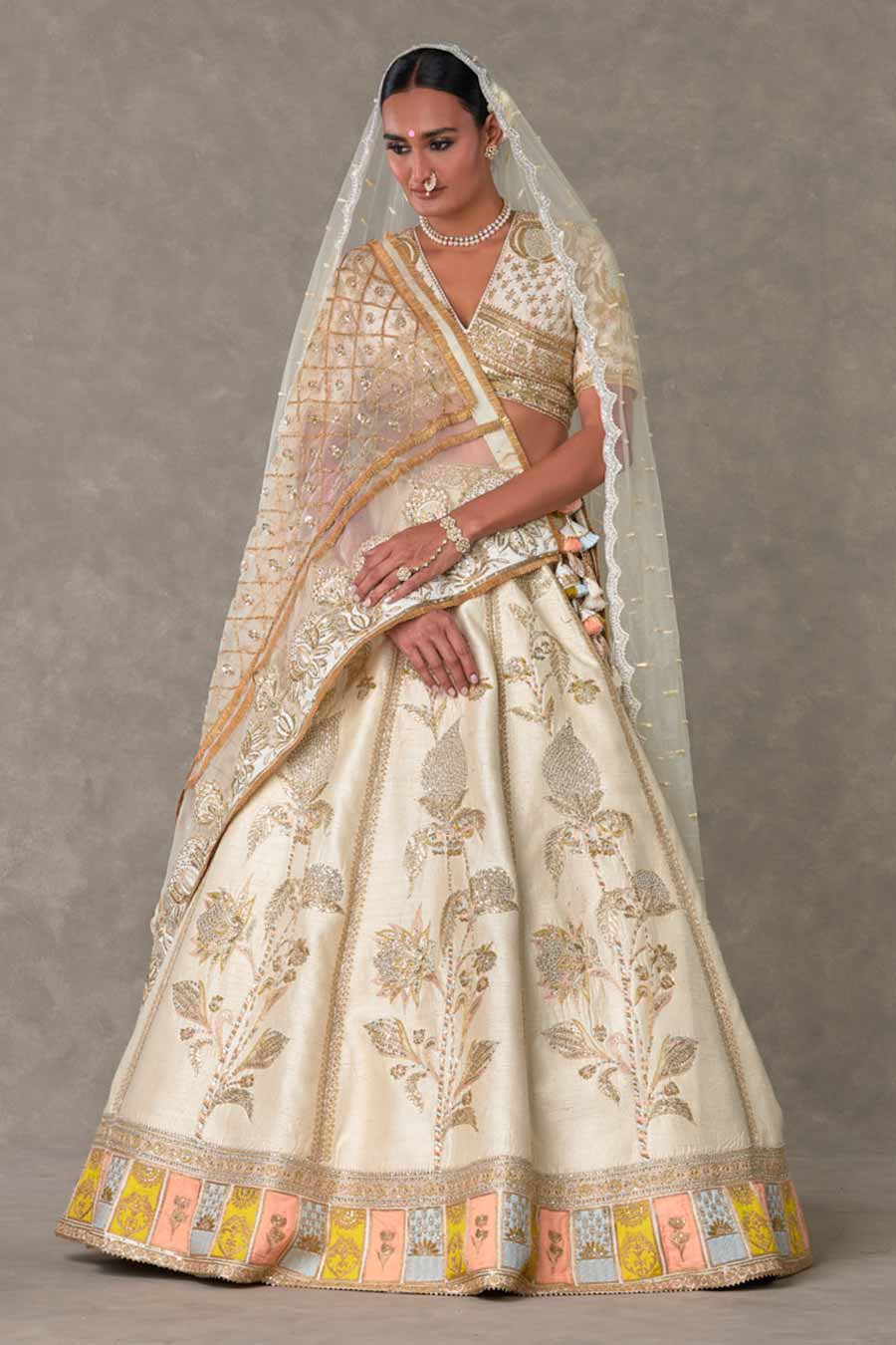 Ivory Anar-Phool Embroidered Lehenga Set with Double Dupatta
