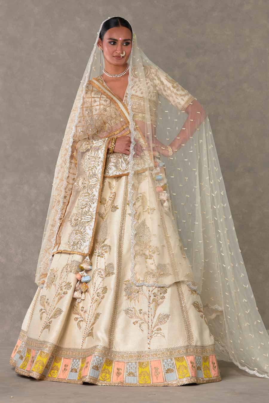 Ivory Anar-Phool Embroidered Lehenga Set with Double Dupatta