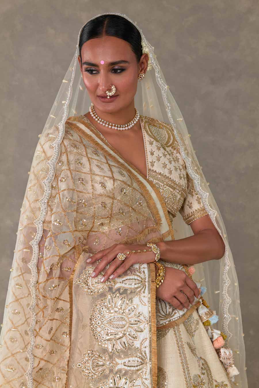 Ivory Anar-Phool Embroidered Lehenga Set with Double Dupatta