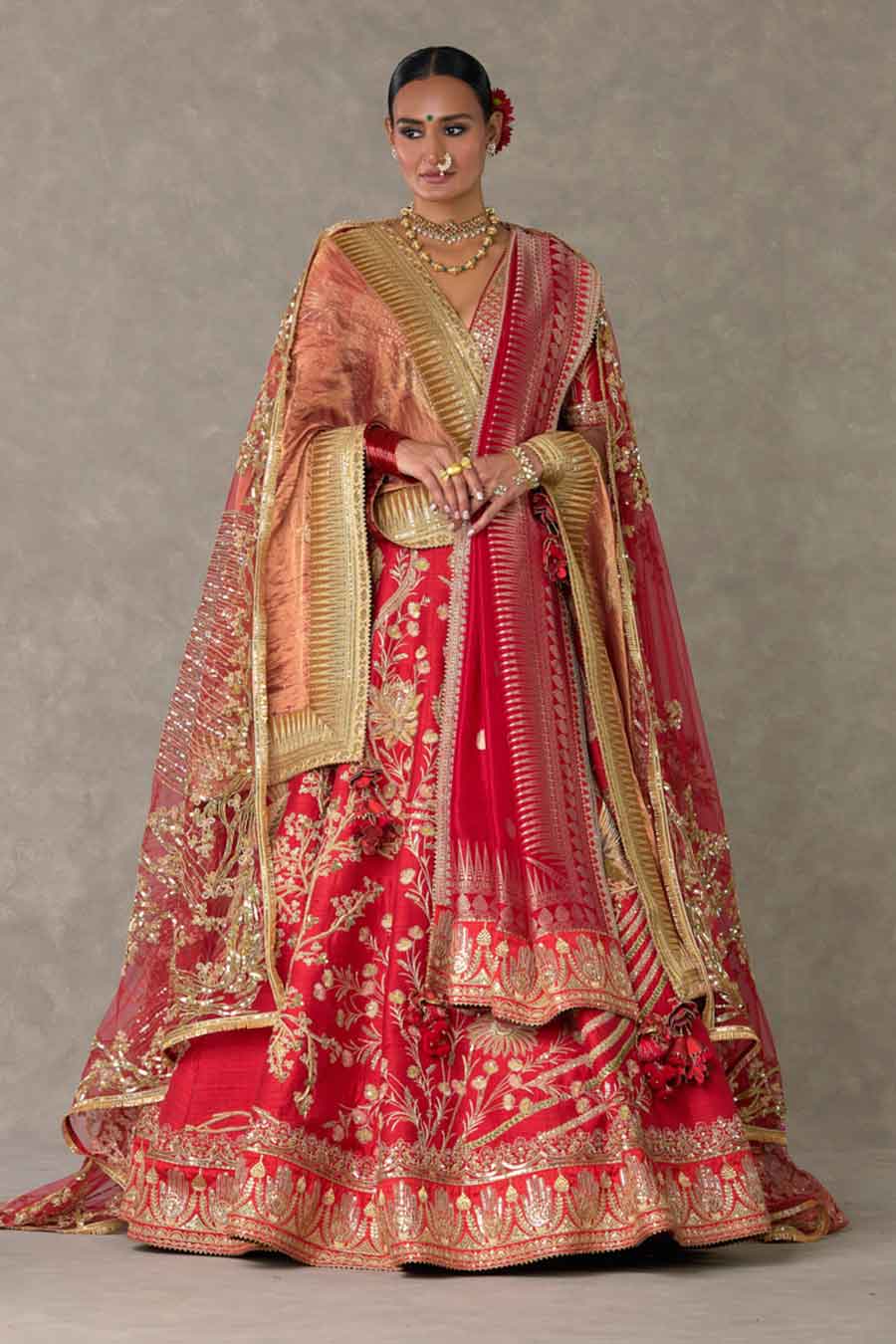 Red Bagh-E-Bahar Embroidered Lehenga Set With Double Dupatta and Trail