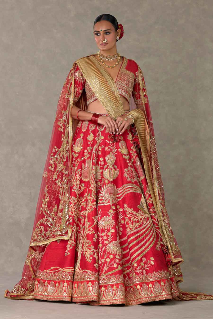 Red Bagh-E-Bahar Embroidered Lehenga Set With Double Dupatta and Trail