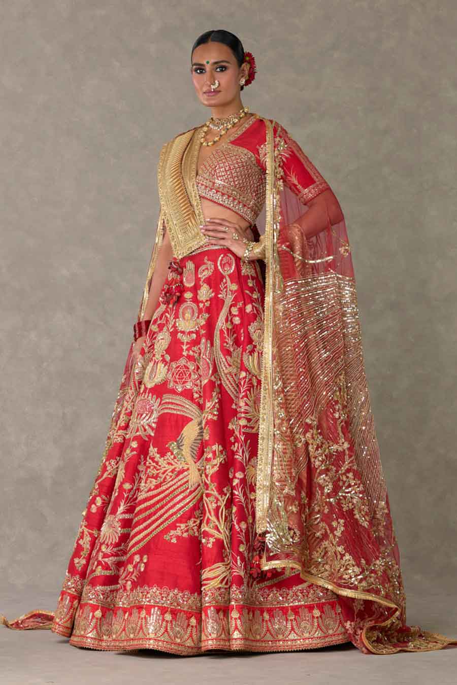 Red Bagh-E-Bahar Embroidered Lehenga Set With Double Dupatta and Trail