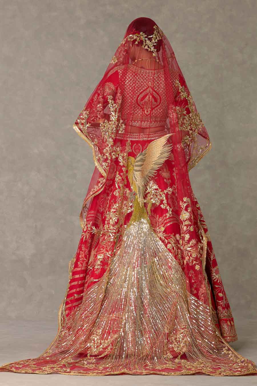 Red Bagh-E-Bahar Embroidered Lehenga Set With Double Dupatta and Trail