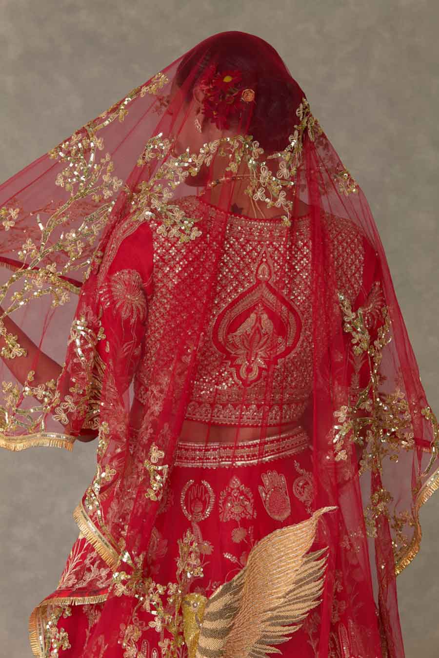 Red Bagh-E-Bahar Embroidered Lehenga Set With Double Dupatta and Trail