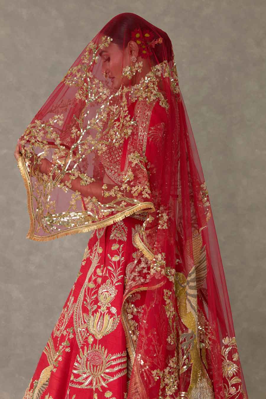 Red Bagh-E-Bahar Embroidered Lehenga Set With Double Dupatta and Trail