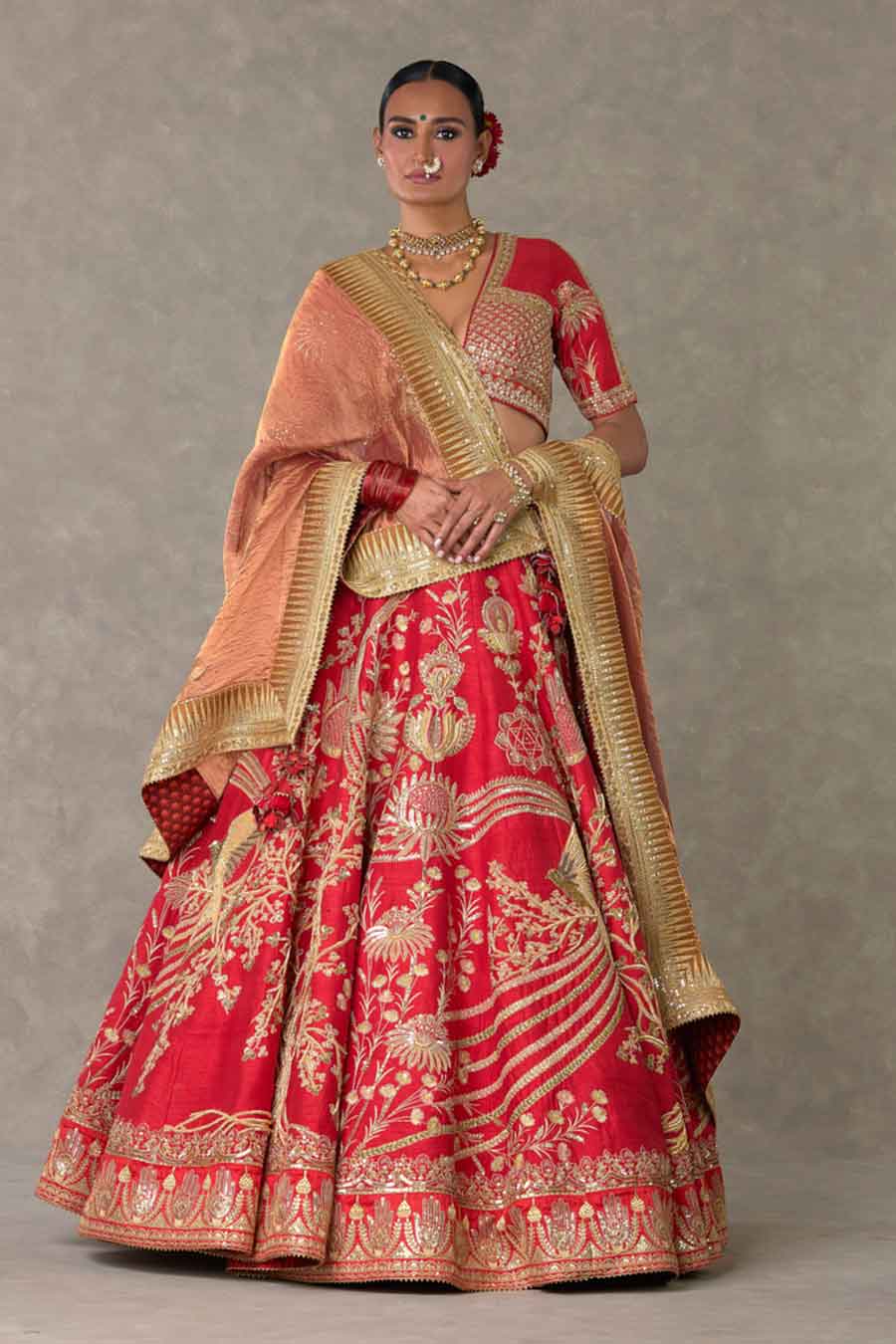 Red Bagh-E-Bahar Embroidered Lehenga Set with Double Dupatta