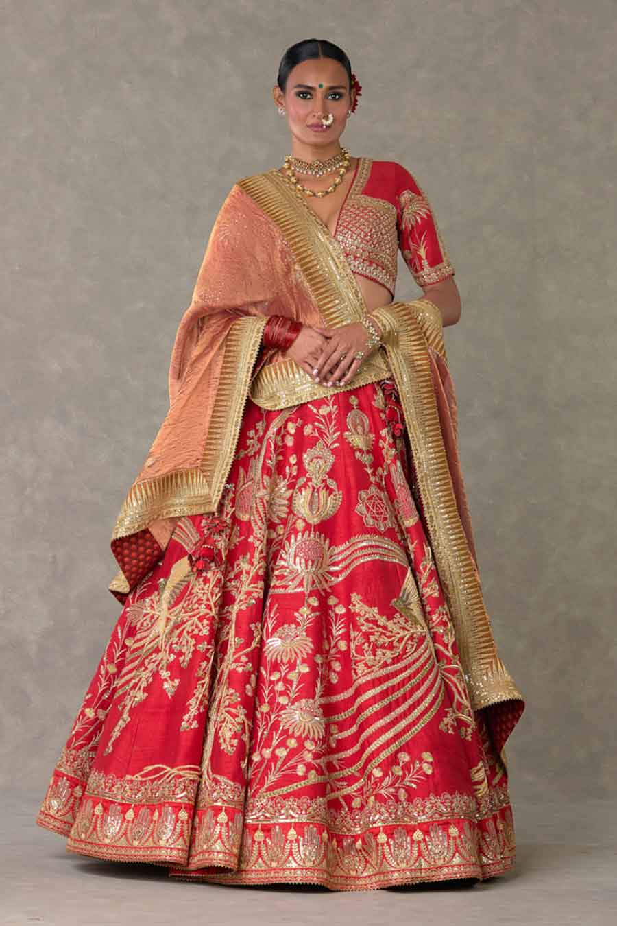 Red Bagh-E-Bahar Embroidered Lehenga Set with Double Dupatta
