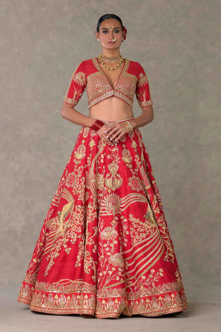 Red Bagh-E-Bahar Embroidered Lehenga Set with Trail