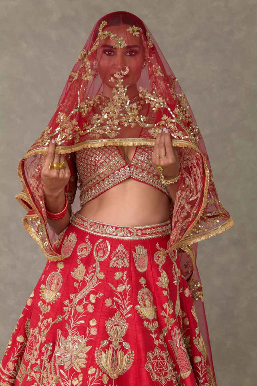 Red Bagh-E-Bahar Embroidered Lehenga Set with Trail