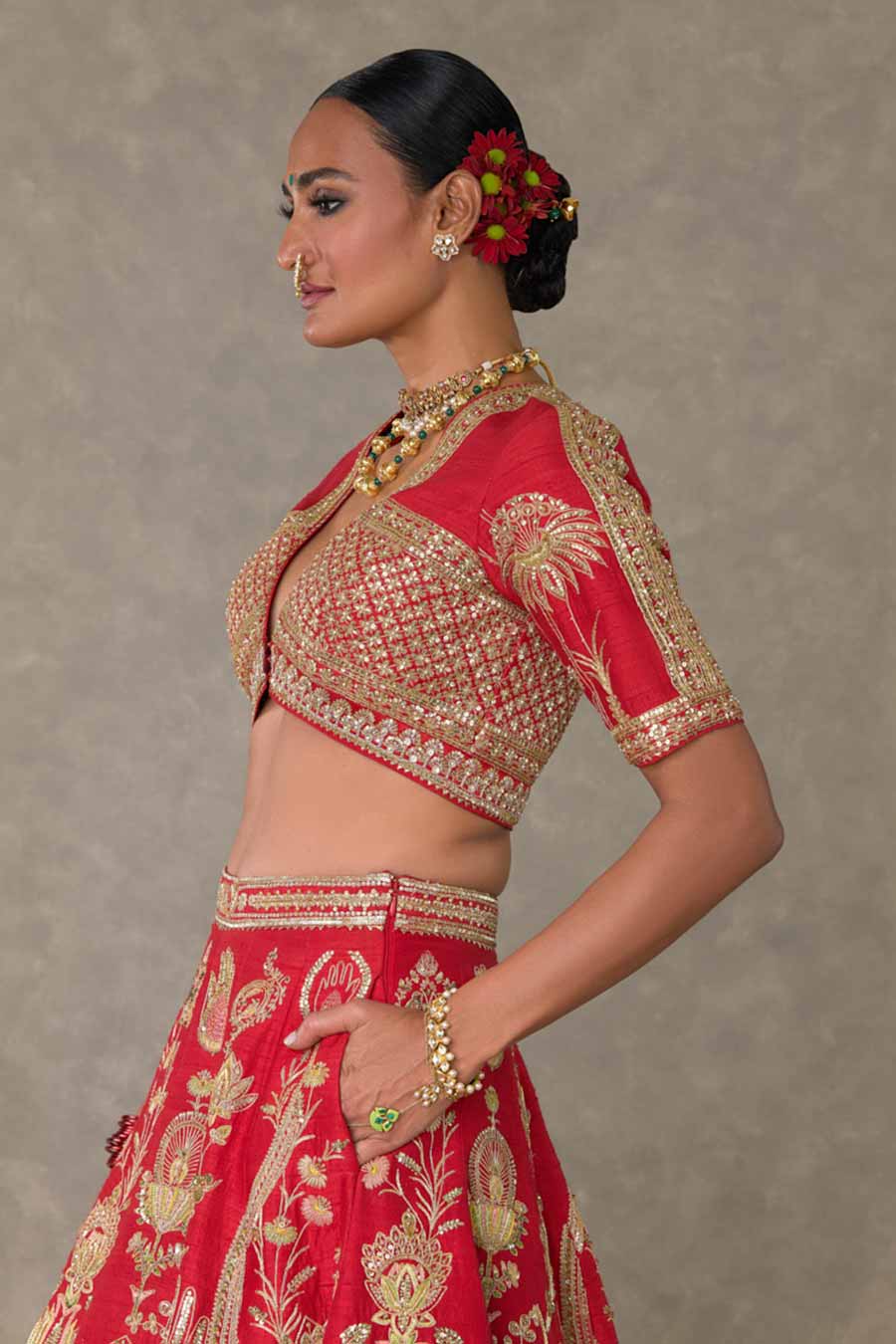 Red Bagh-E-Bahar Embroidered Lehenga Set with Trail