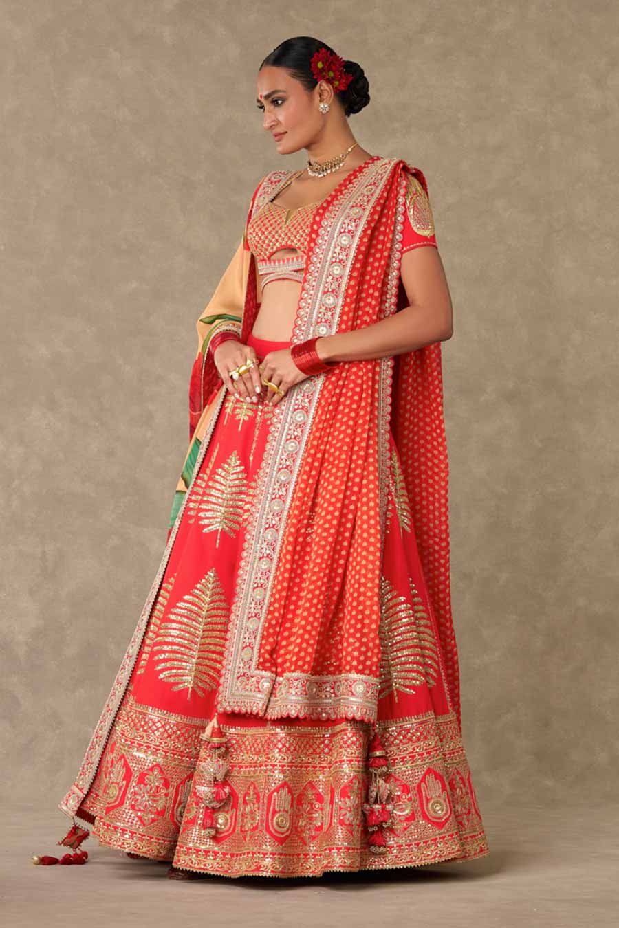 Red Paan Patti Lehenga Set With Double Dupatta