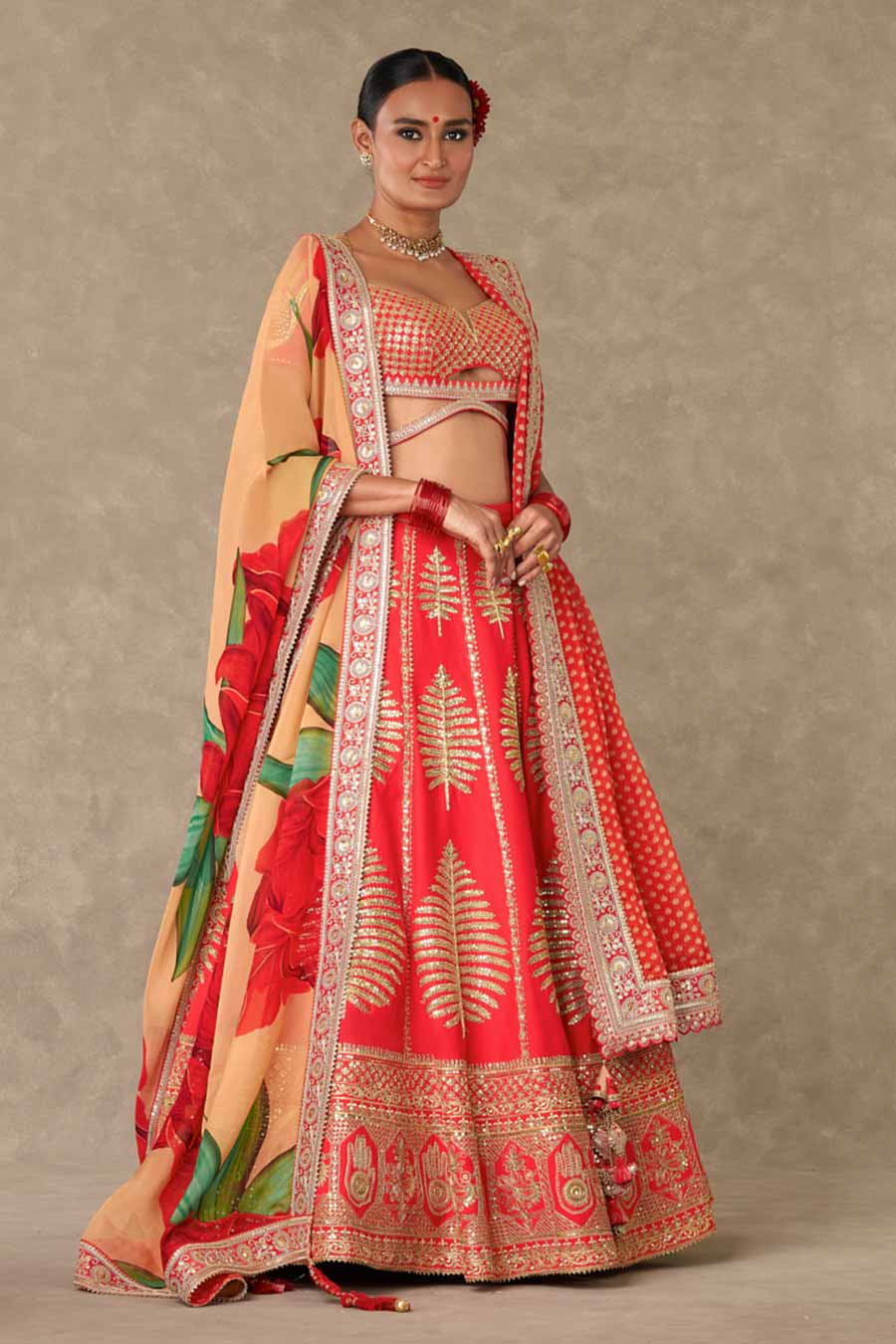 Red Paan Patti Lehenga Set With Double Dupatta