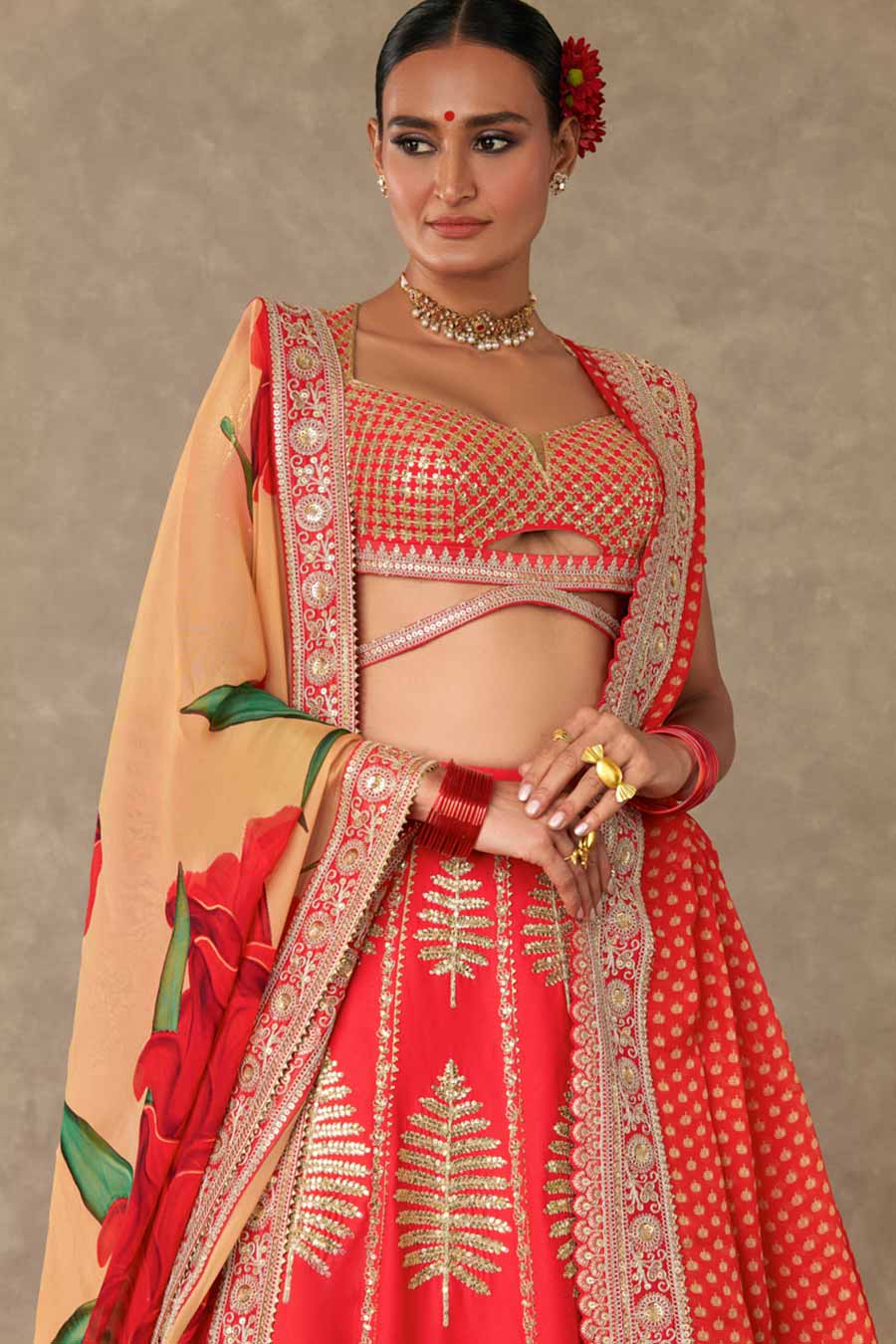 Red Paan Patti Lehenga Set With Double Dupatta