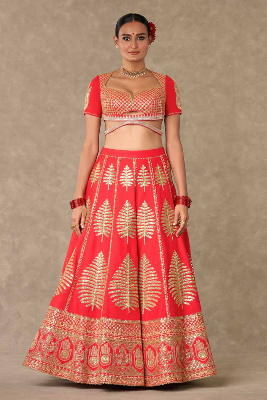 Red Paan Patti Embroidered Lehenga Set