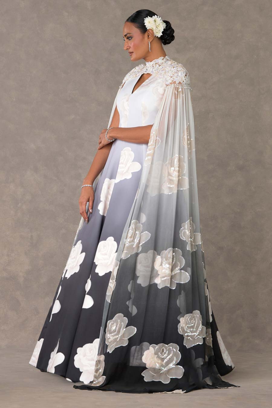 Monochrome Gulaab Printed Gown with Cape