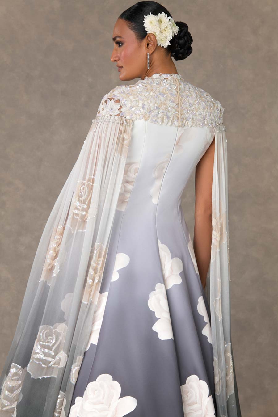 Monochrome Gulaab Printed Gown with Cape