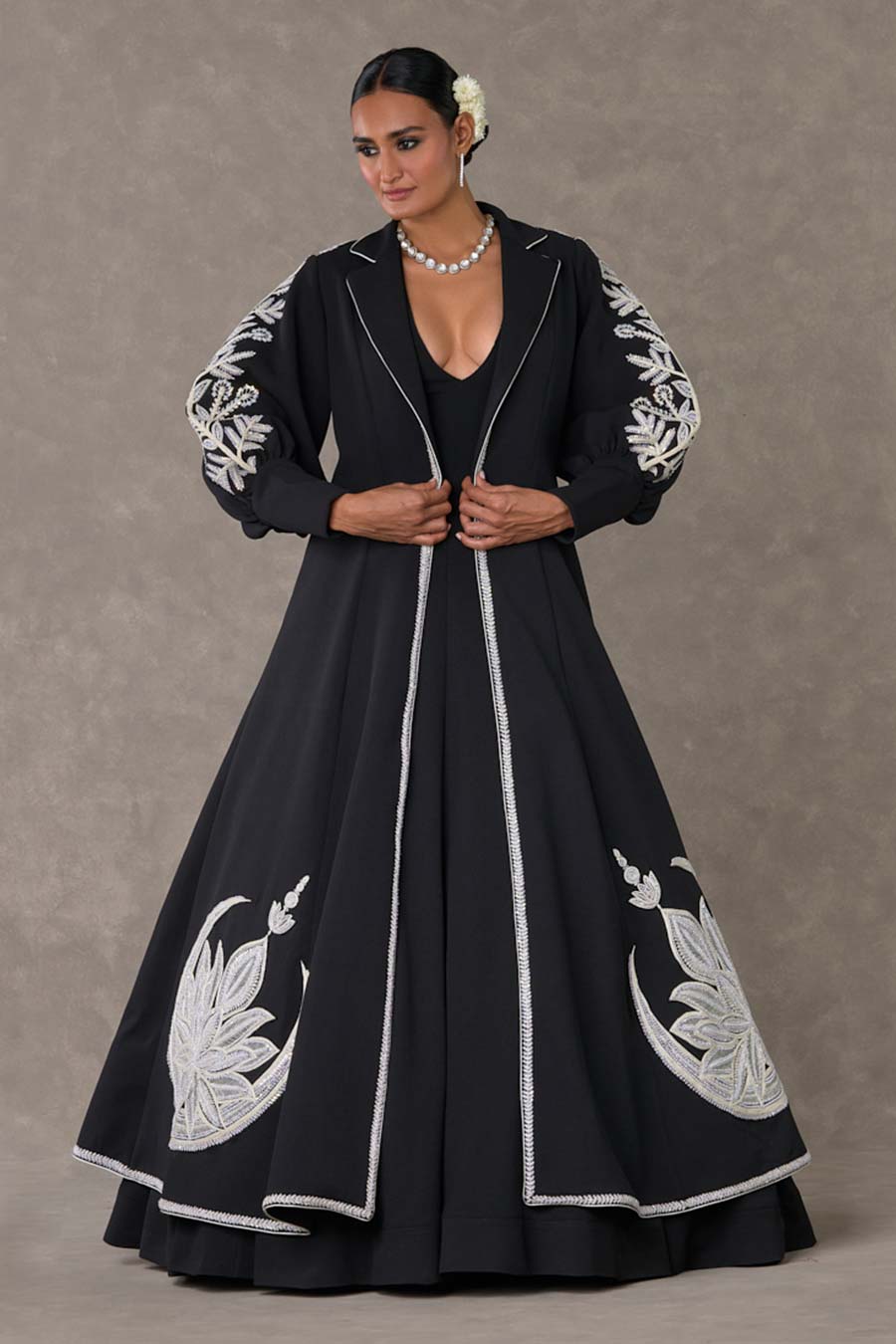 Black Chand Embroidered Gown with Jacket