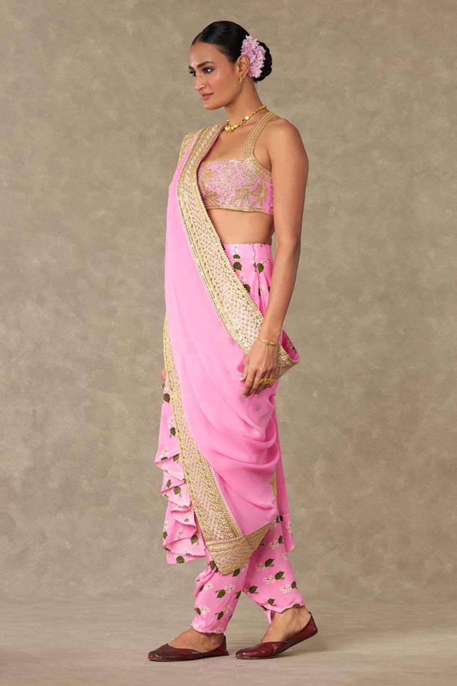 Pink Embroiderd Dhoti Saree Set