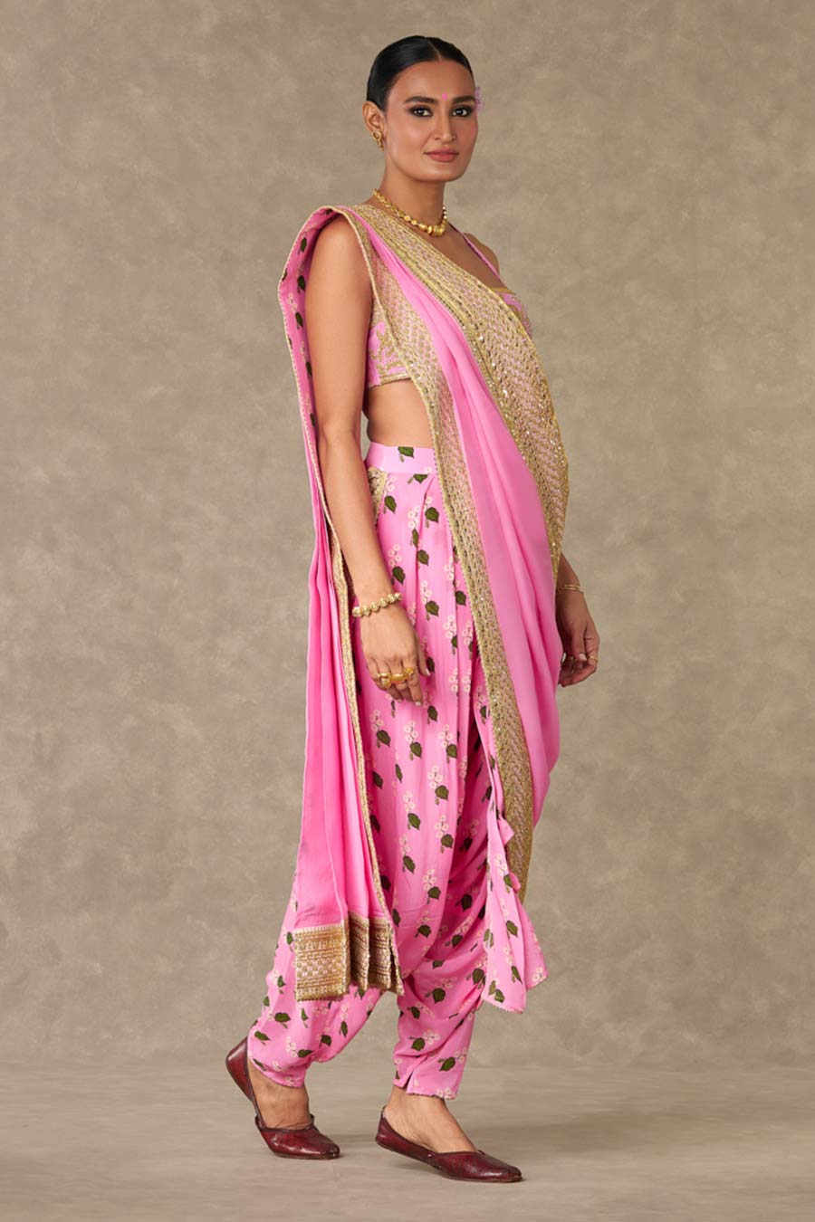 Pink Embroiderd Dhoti Saree Set