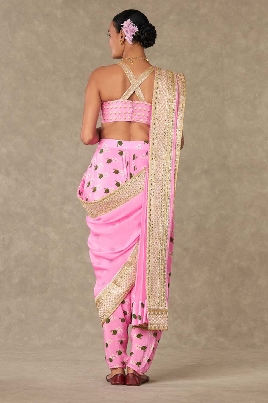 Pink Embroiderd Dhoti Saree Set