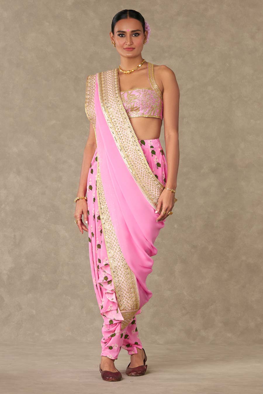 Pink Embroiderd Dhoti Saree Set