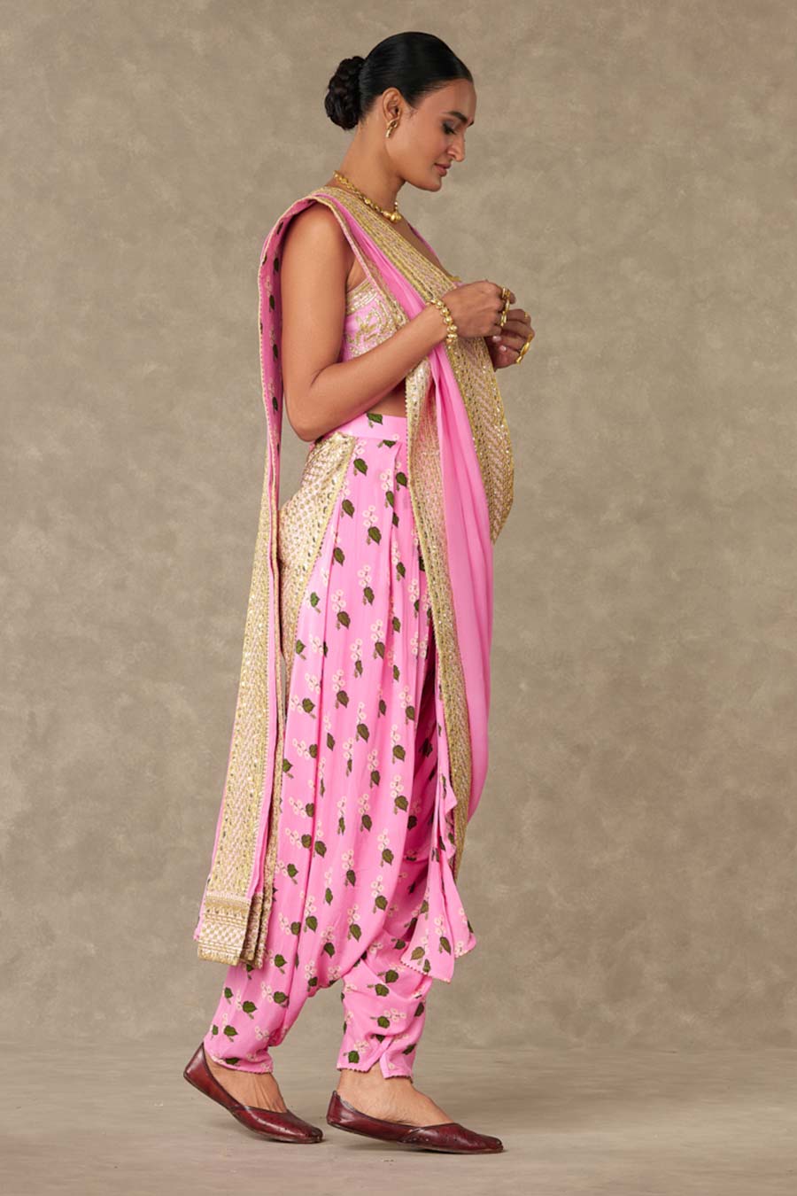 Pink Embroiderd Dhoti Saree Set