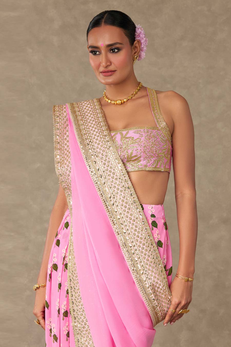 Pink Embroiderd Dhoti Saree Set