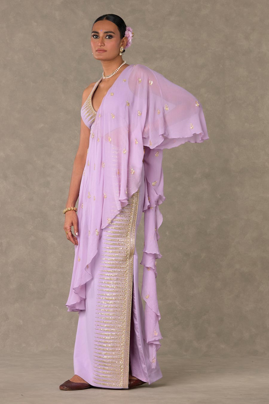 Lilac Trikone Embroidered Saree Gown