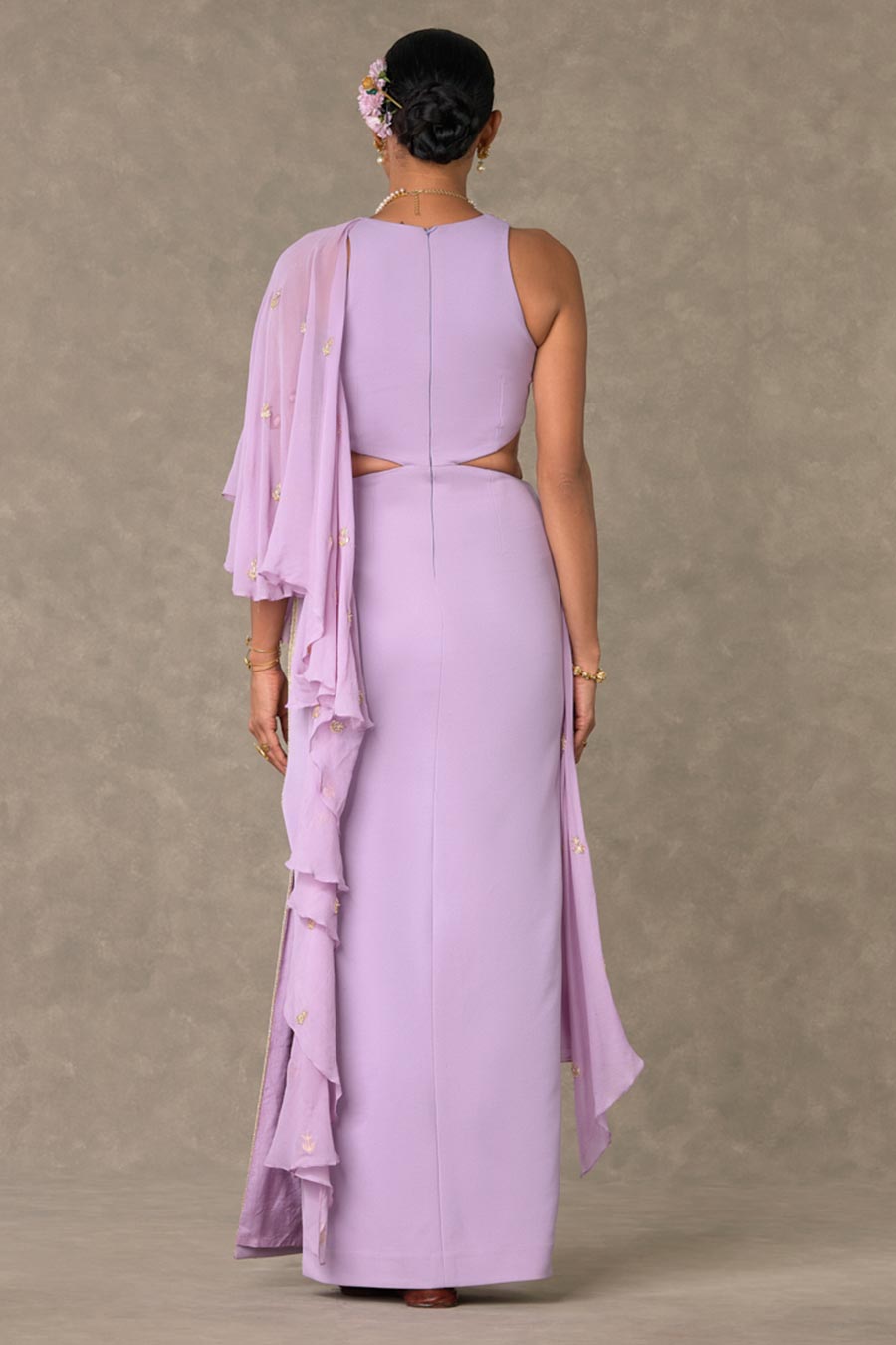 Lilac Trikone Embroidered Saree Gown