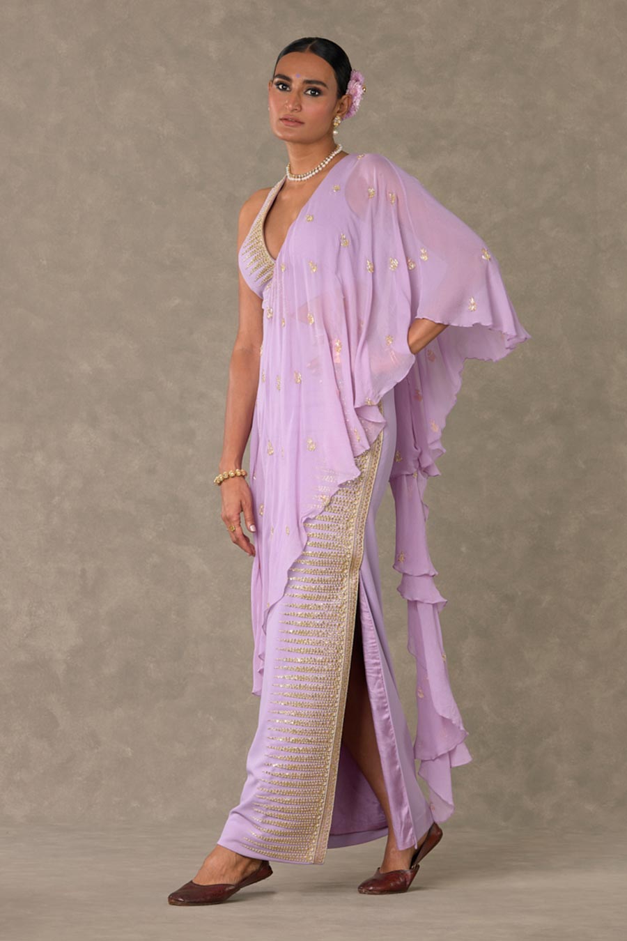 Lilac Trikone Embroidered Saree Gown