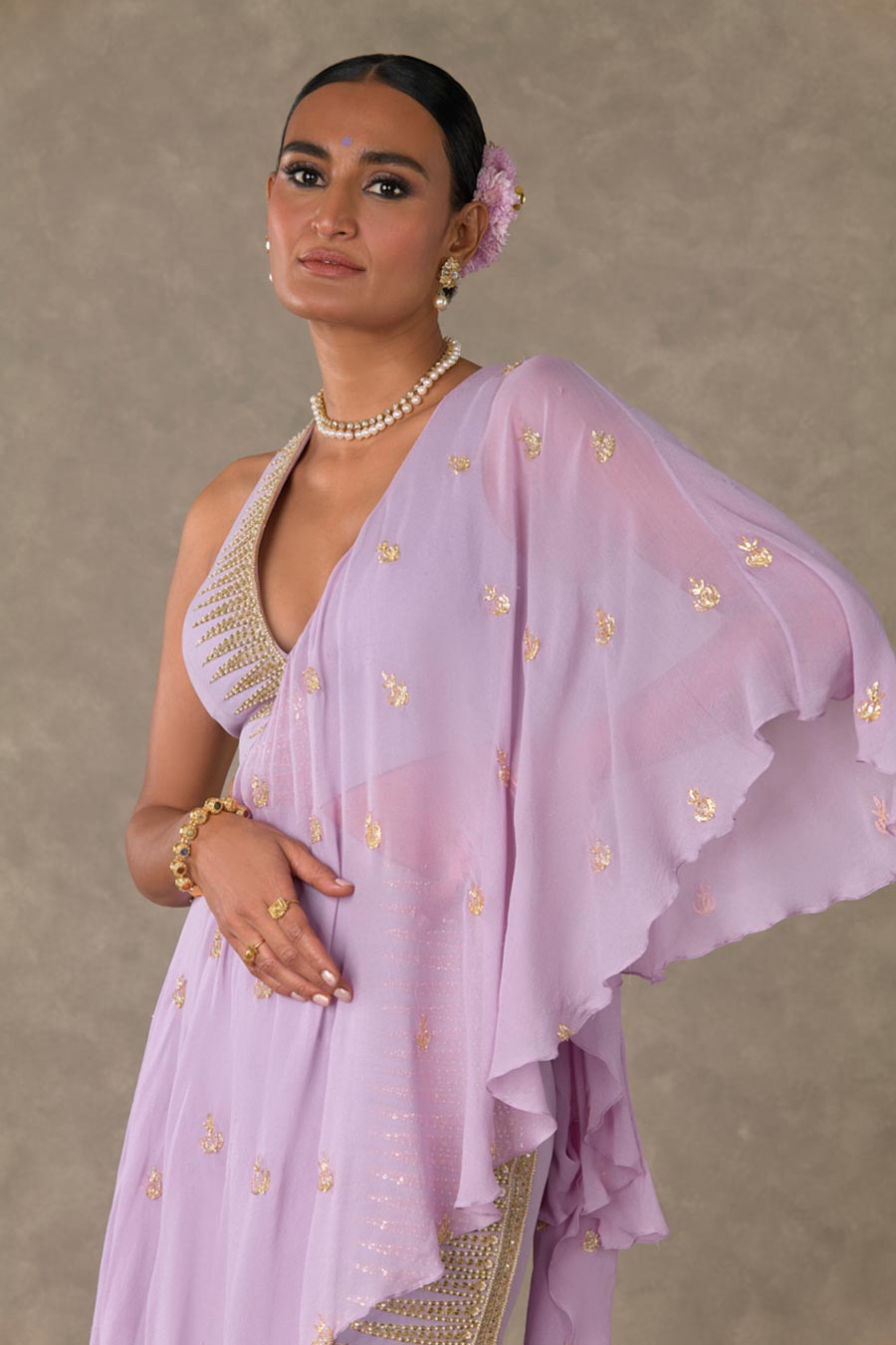 Lilac Trikone Embroidered Saree Gown