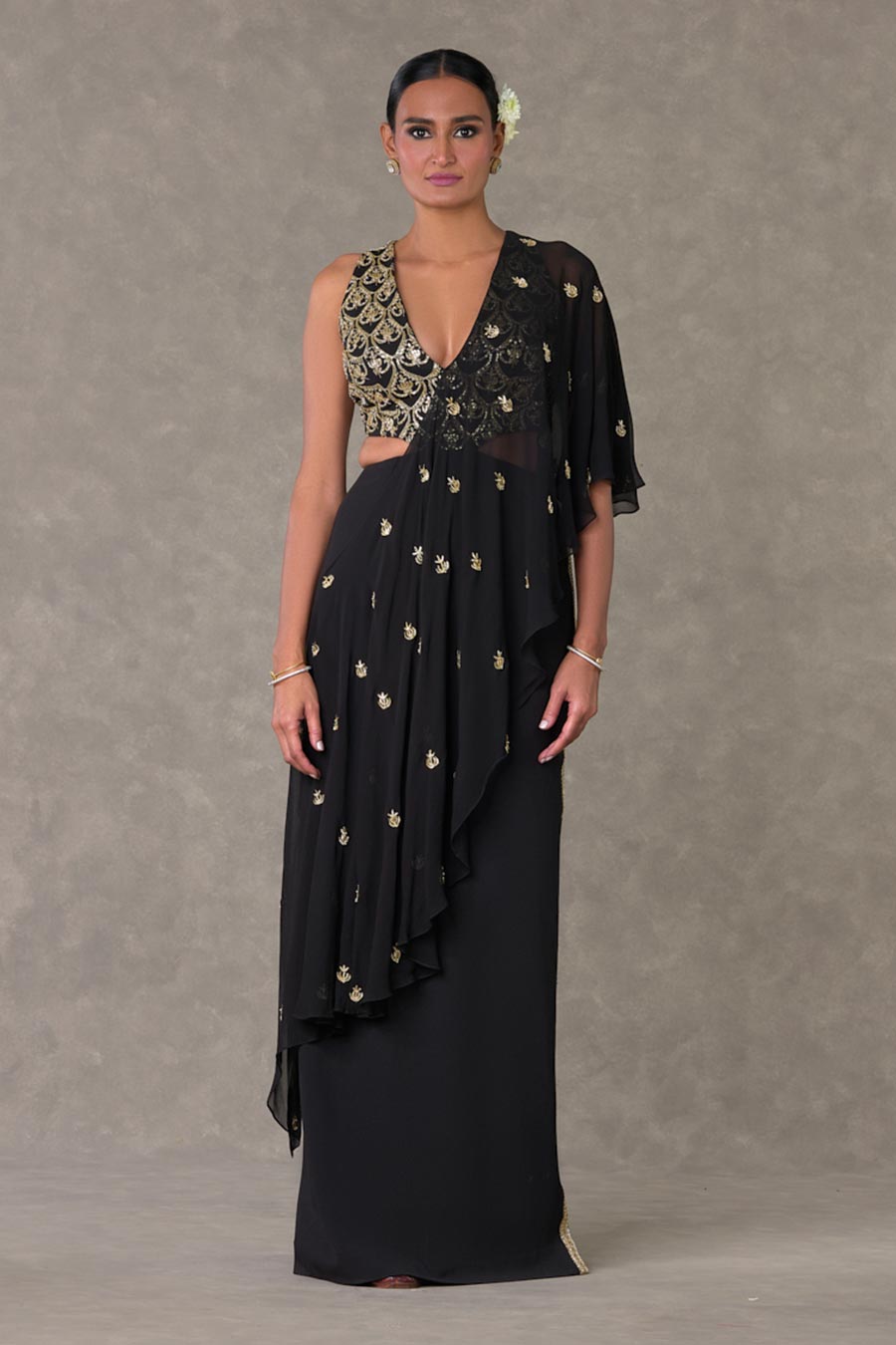 Black Paan-Phool Embroidered Saree Gown
