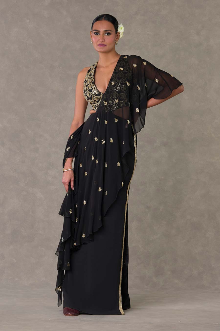 Black Paan-Phool Embroidered Saree Gown