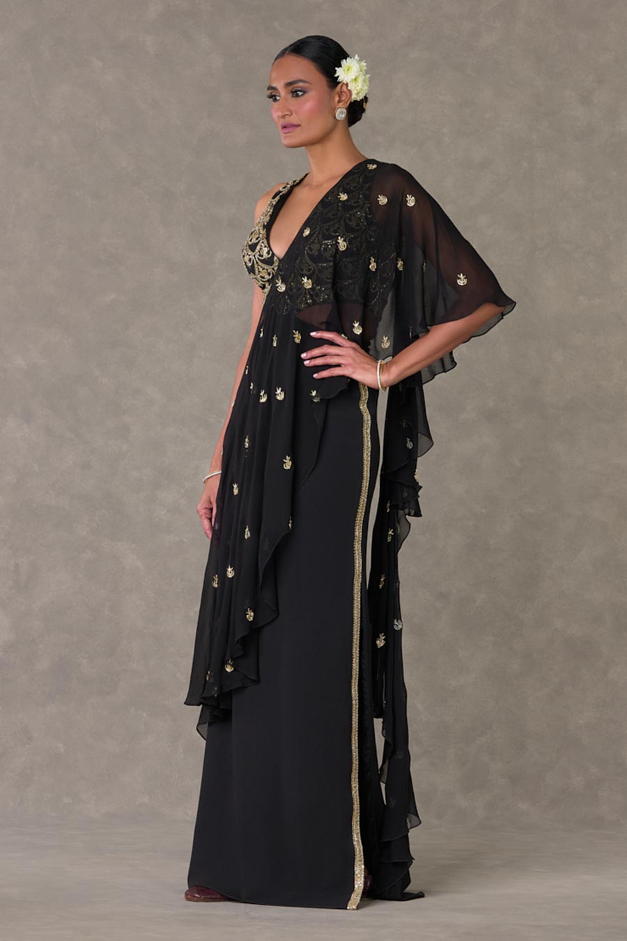 Black Paan-Phool Embroidered Saree Gown