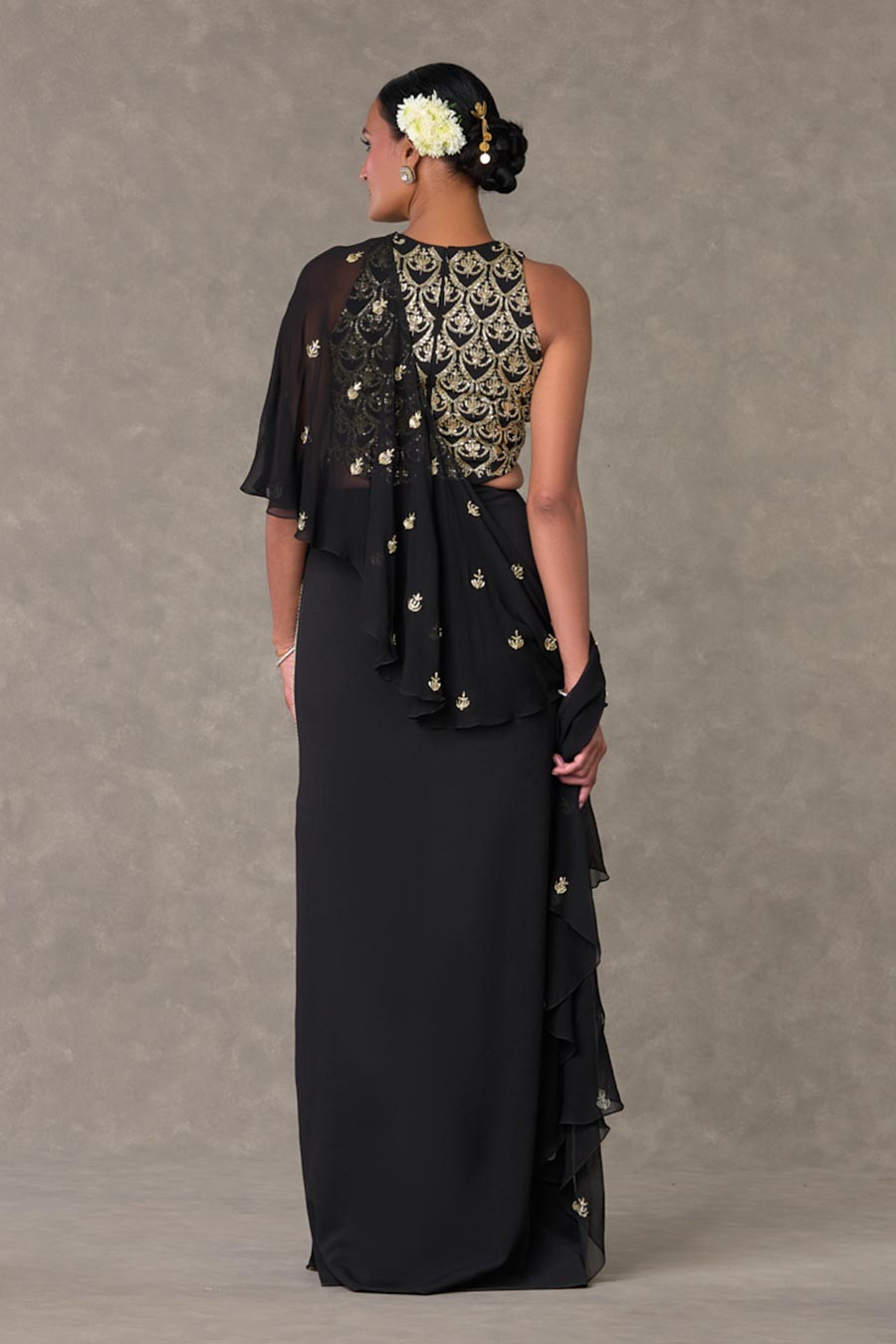 Black Paan-Phool Embroidered Saree Gown