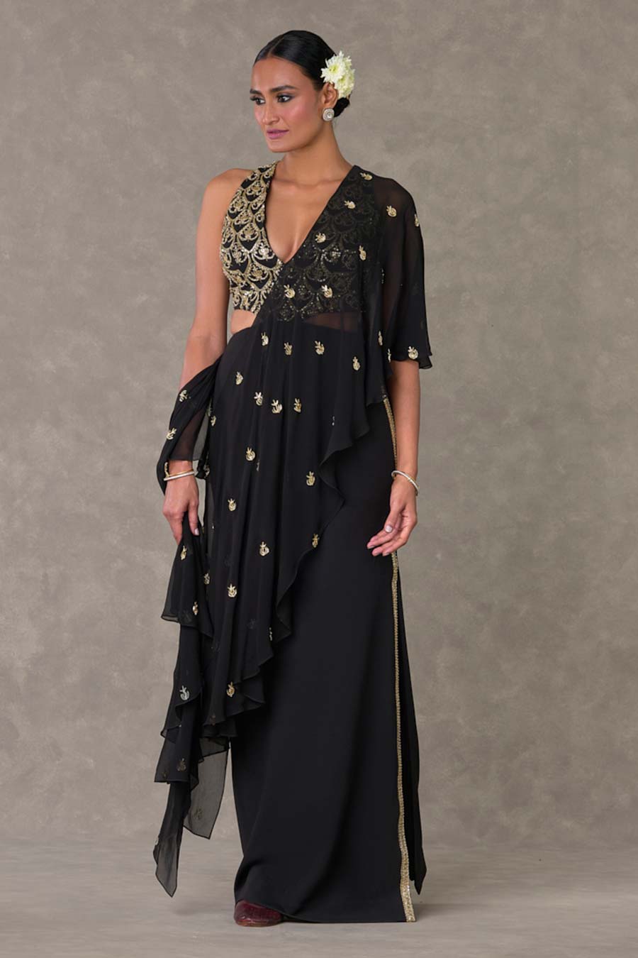 Black Paan-Phool Embroidered Saree Gown