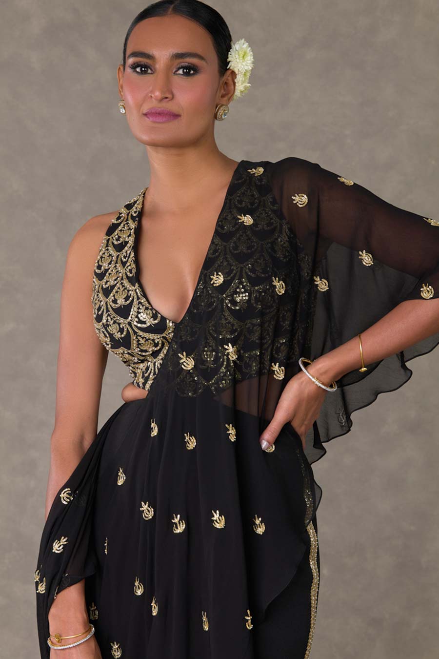 Black Paan-Phool Embroidered Saree Gown