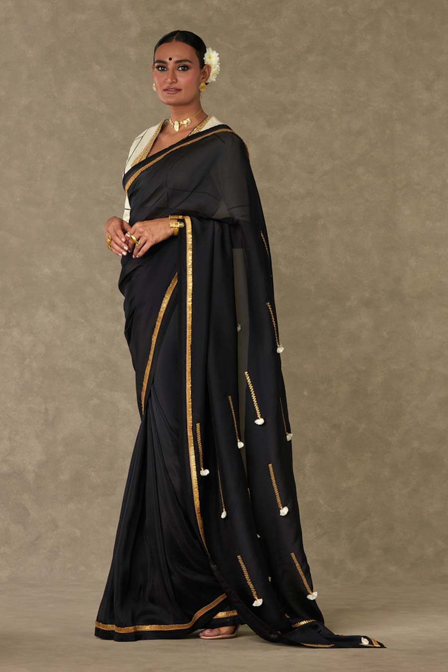 Black Tassel Gota Saree with Blouse Piece