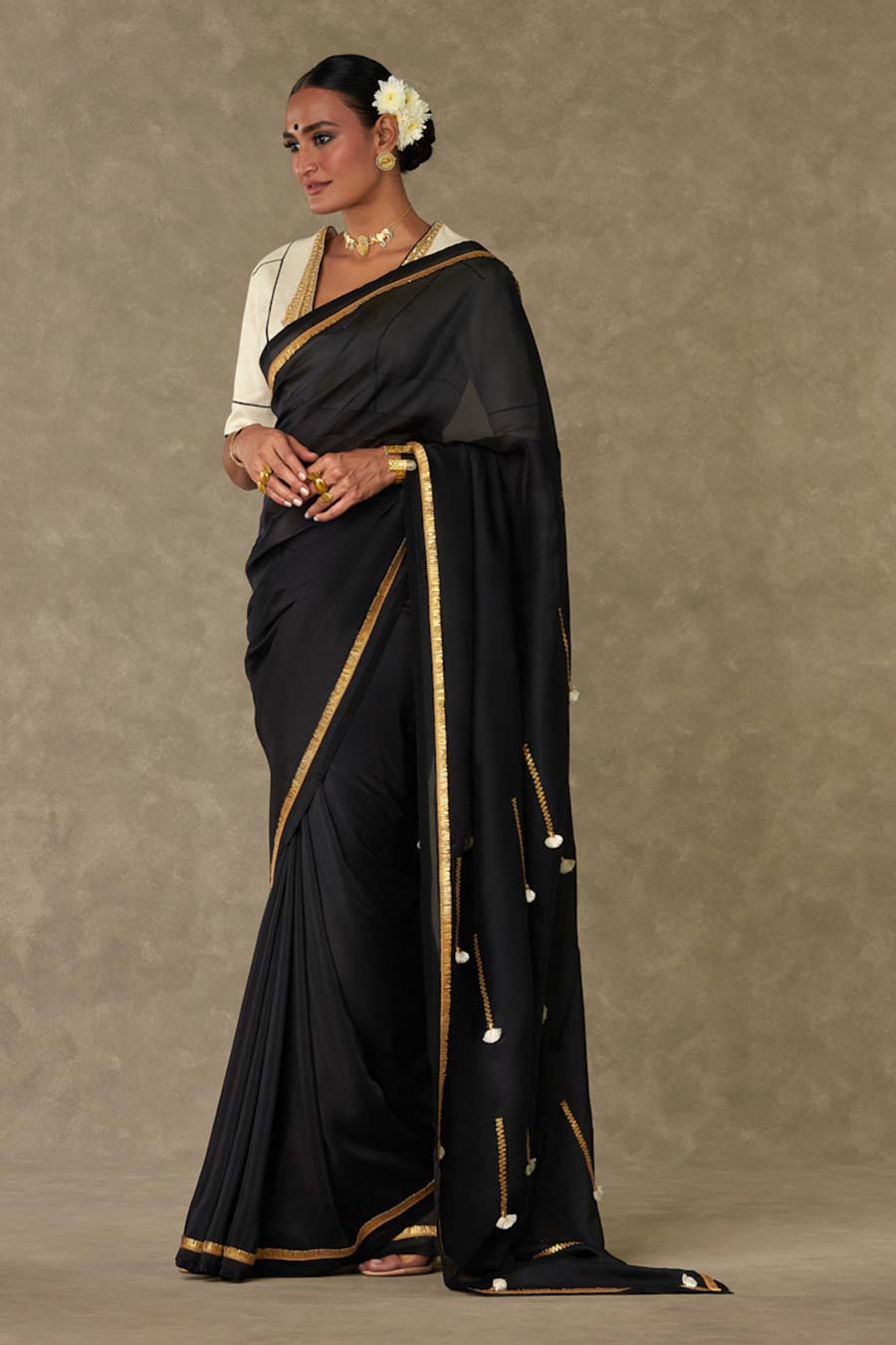 Black Tassel Gota Saree with Blouse Piece