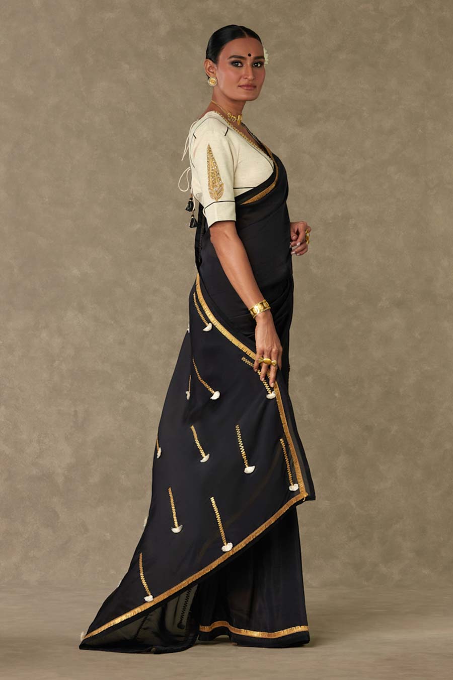 Black Tassel Gota Saree with Blouse Piece