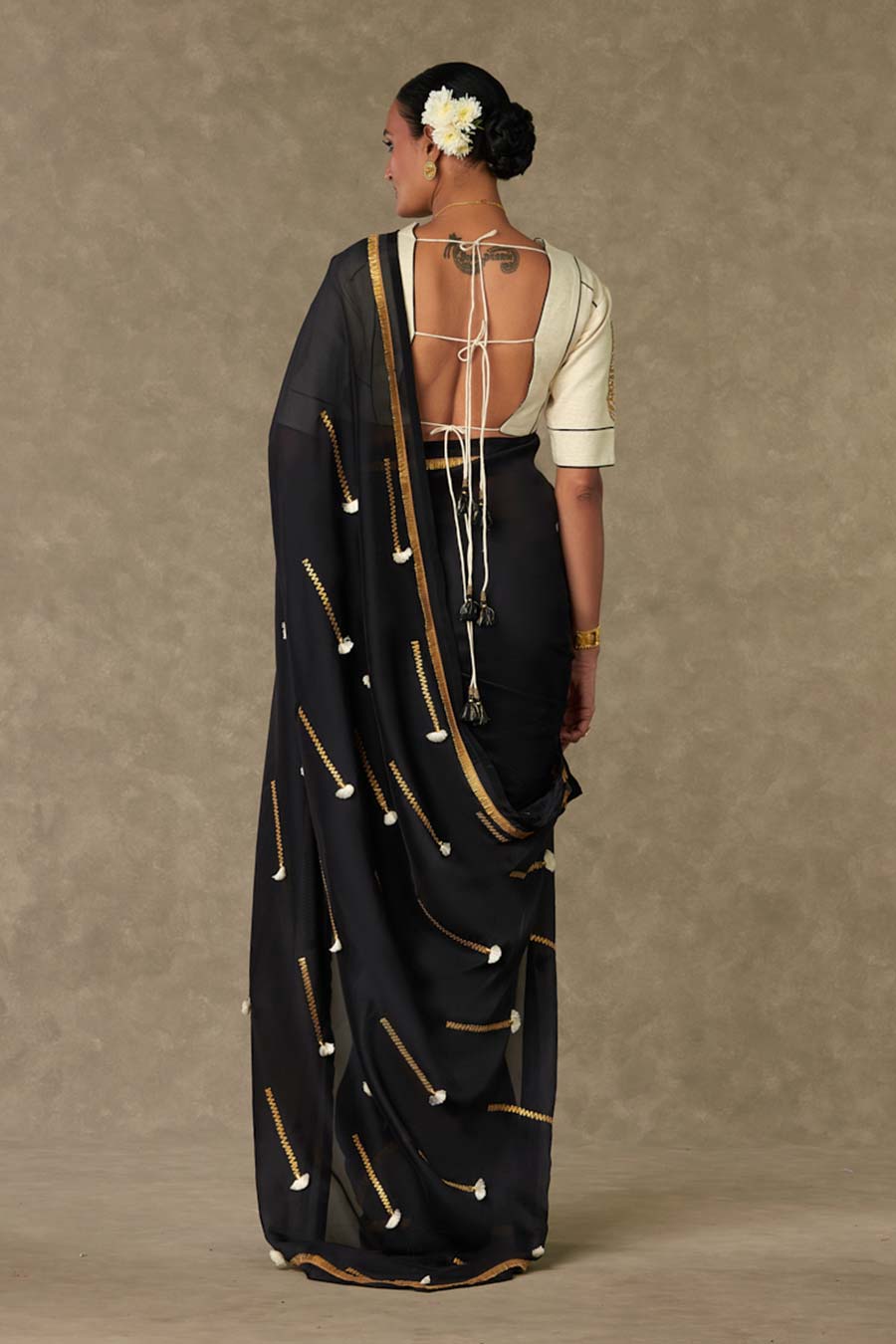 Black Tassel Gota Saree with Blouse Piece