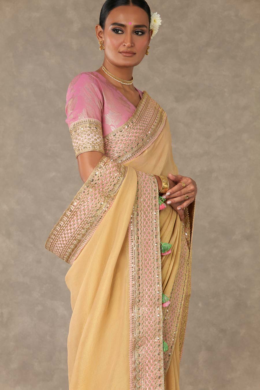 Gold Embroidered Saree with Blouse Piece