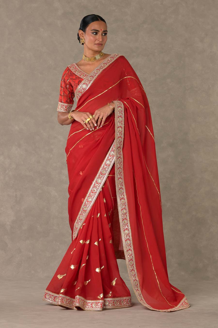 Red Lovebird Embroidered Saree with Blouse Piece